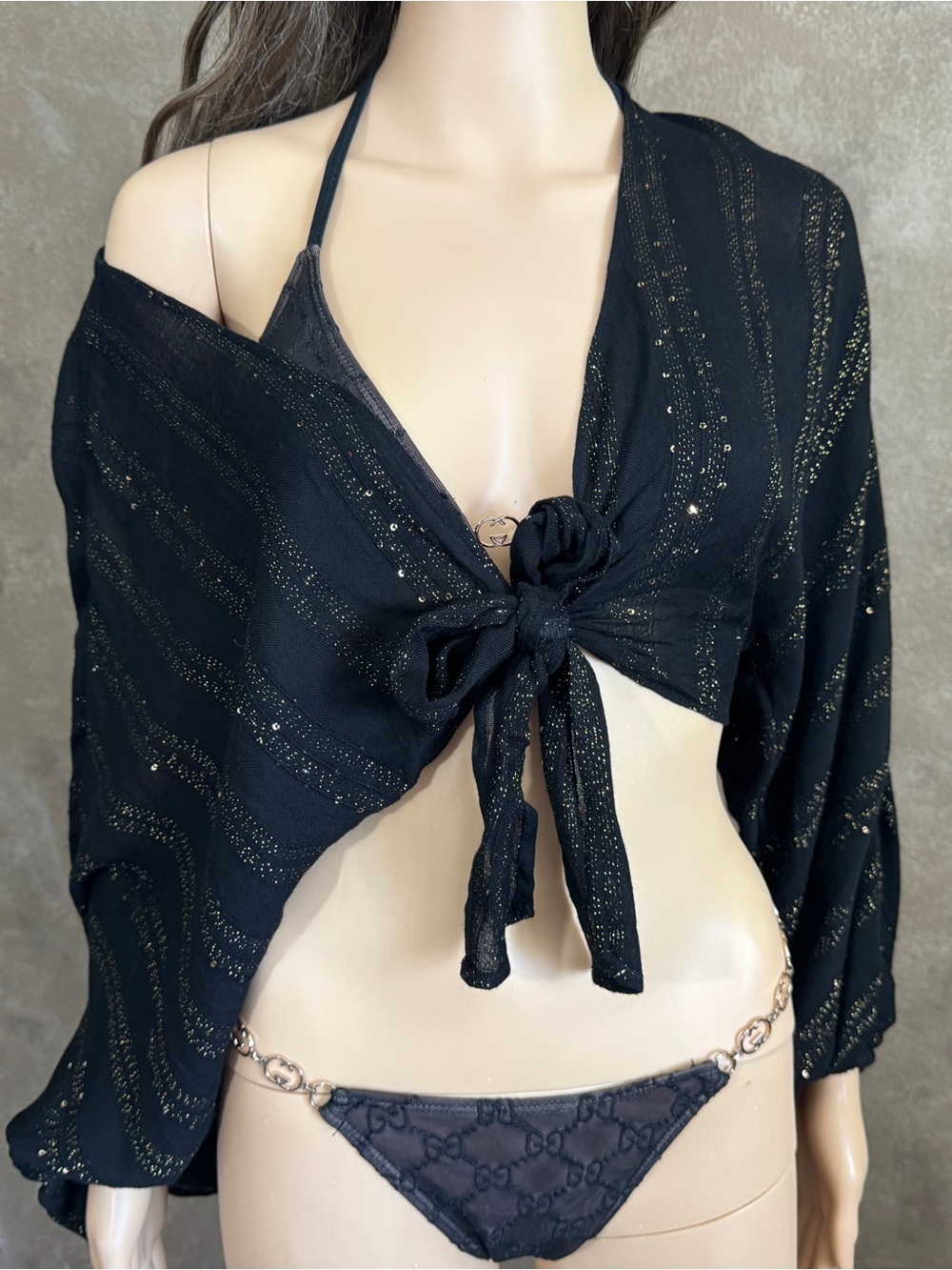 Designer L SPACE Black Gold Sparkle Tie-Front Blouse Shirt Swim Cover-Up Sz SM